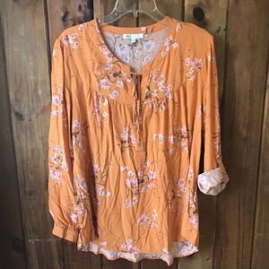 DR2 Top Size XL Orange Floral Roll Tab Sleeve Babydoll Boho Hippie Y2K